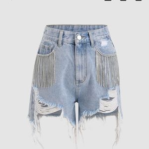 Diamond tassels ripped denim shorts